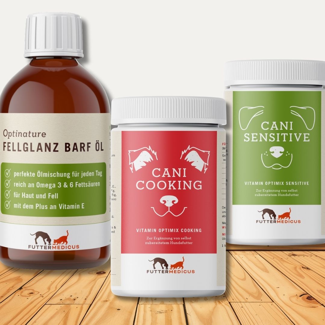 Kochen für Hunde | Vitamin Optimix Cani Cooking, Vitamin Optimix Cani Sensitve, Optinature Fellglanz Barföl