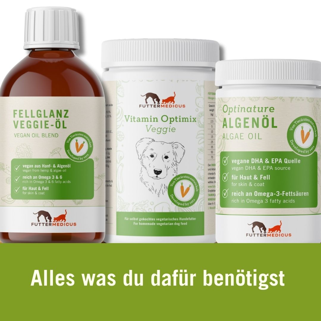 vegetarische und vegane Hundefütterung Produkte | Vitamin Optimix Veggie, Optinature Veggie Öl, Optinature Algenöl