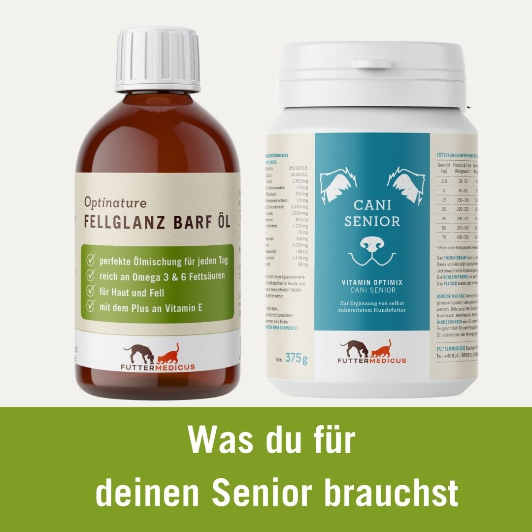 Produkte für alte Hunde | Vitamin Optimix Cani Senior, Fellglanz Barf Öl